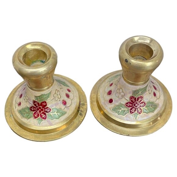 Vintage India Brass Cloisonné Enamel Holiday Poinsettia Set Candle Holders - Picture 2 of 7